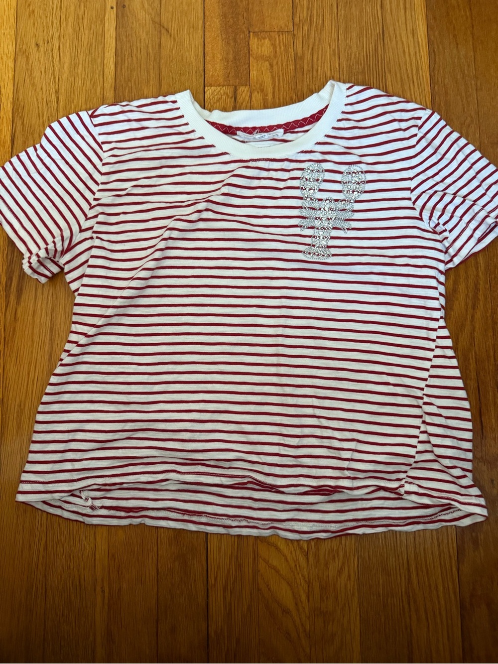 white and red striped shirt with rhinestone lobster